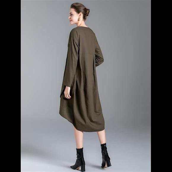 Women's Cotton Irregular Hem Shirt Dress with Pockets - Picture 4 of 5